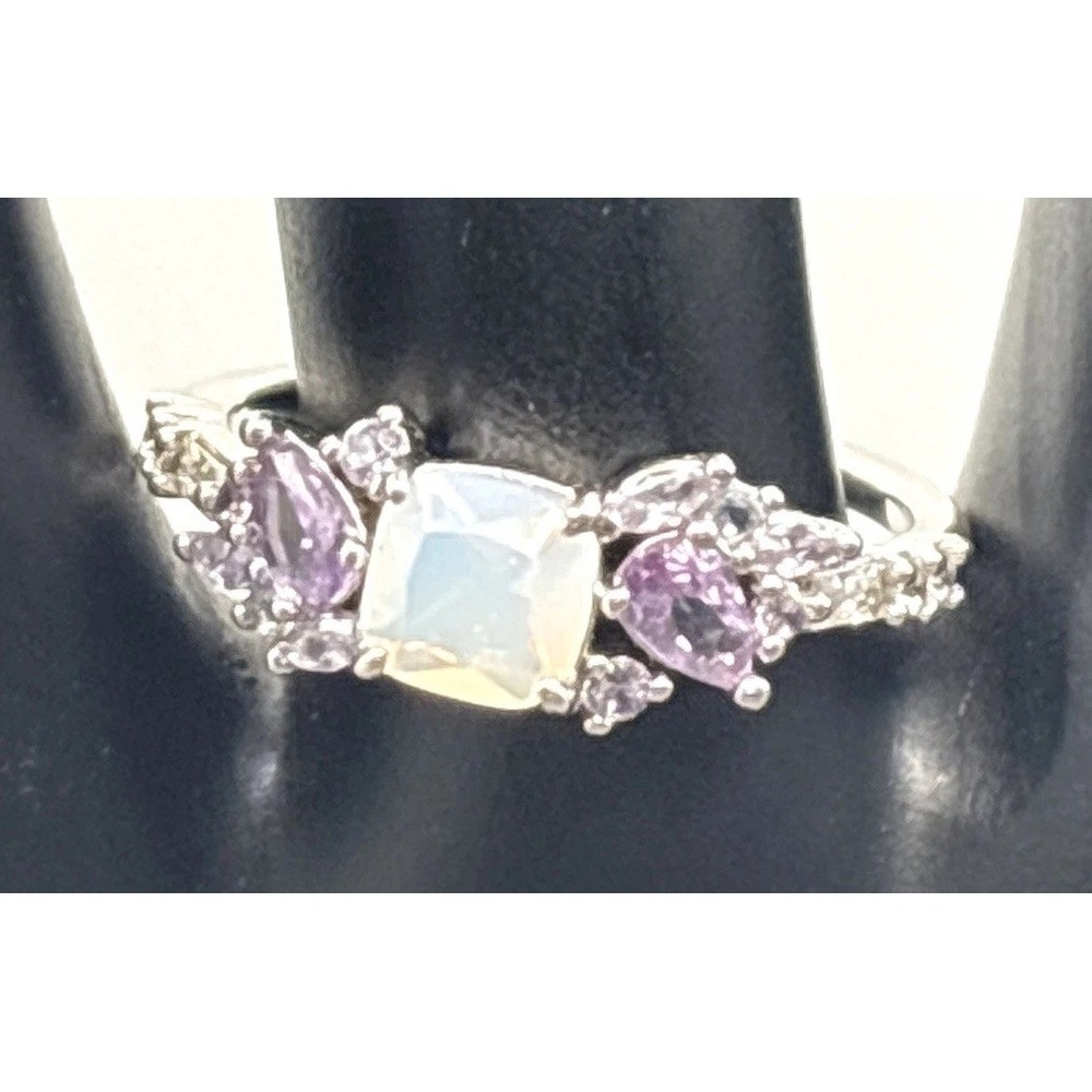 Bomb Party Faux Opal Purple Faux Amethyst Cluster Ring Silver Tone CZ Size 9